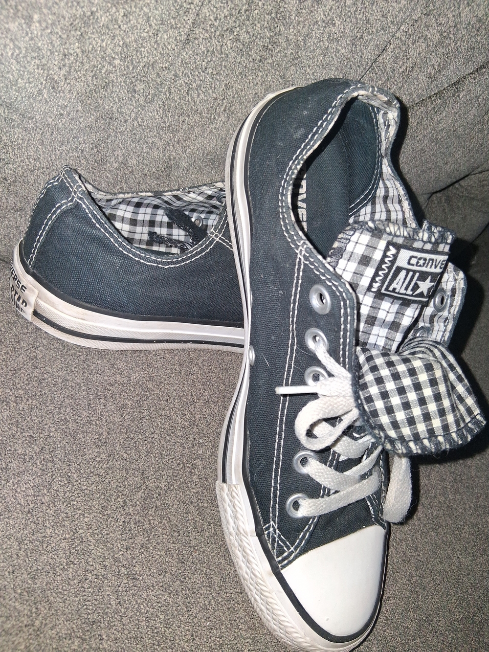Converse Women's Black Canvas Low Top Sneakers with Gingham Tongue - Picture 2 of 3